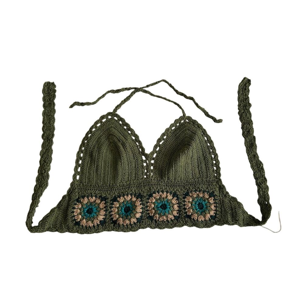 Wayan Natural Wear Crochet Halter Top NWT - Boho Granny Square Bralette Sz M/L